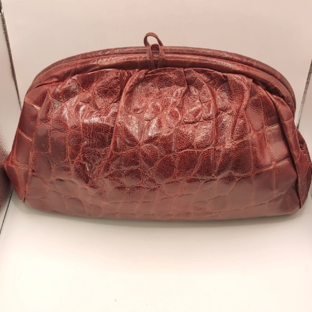 Croc-Embossed Leather Clutch Wristlet in Deep Brown